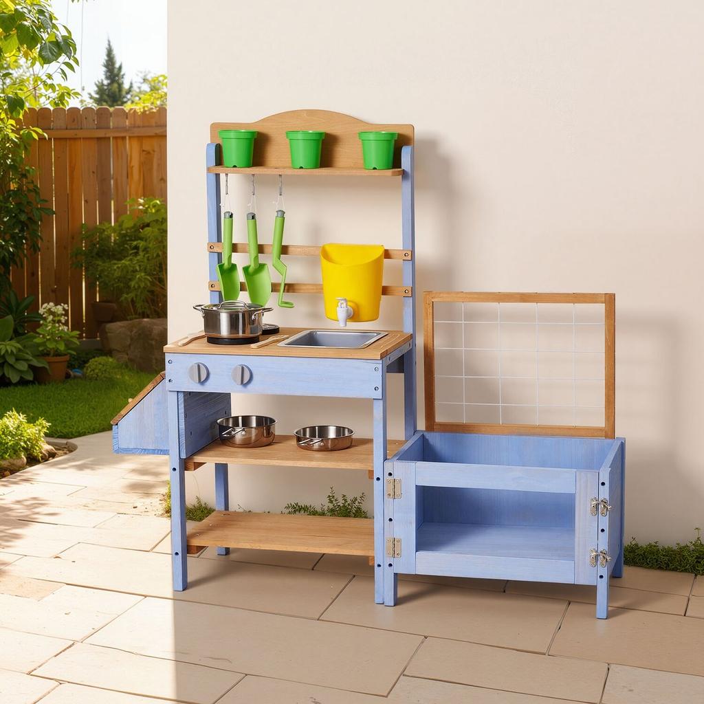 Mud Kitchen, Outdoor Mud Kitchen for Kids, Wood Outdoor Play Kitchens with Planting Box, Critter Catcher Container, Tank, Sink, Cookware Pots and