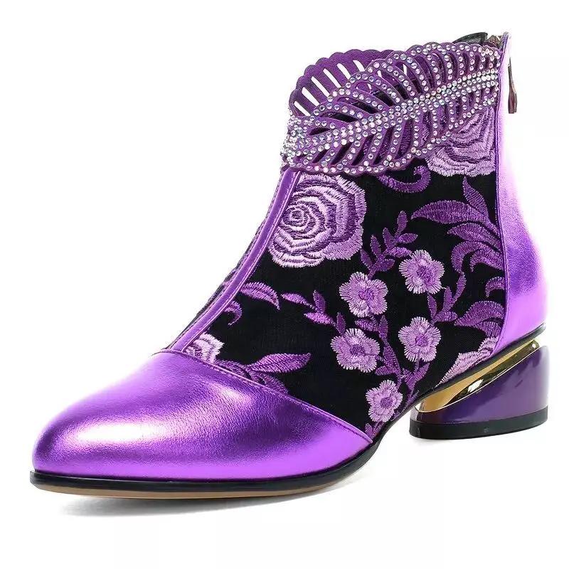 New Ankle Boots Women's Shoes Leather Boots Embroidery Ethnic Bohemia Zipper Spring Autumn Ladies Botas Botas De Mujer2025