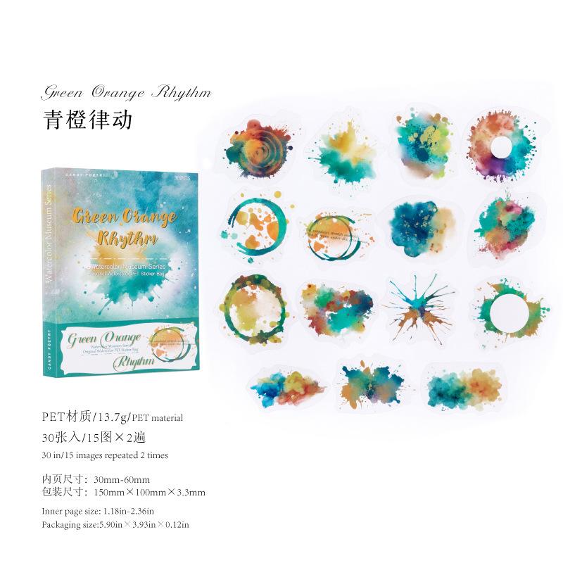 30 pcs/pack Watercolor splashes Style PET Stickers Adhesive Diy Hand Account Diary Album Scrapbooking Junk Journal Supplies