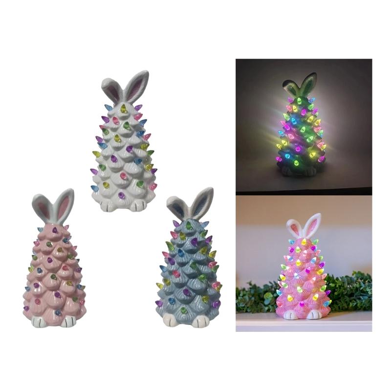 Easter Decoration White Pottery Rabbit Figurines Led Glowing Animal Ornament Rabbit Tree Crafts for Easter Party Decor