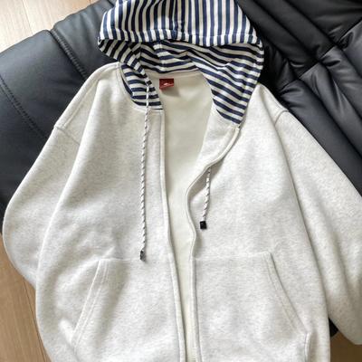 Retro Spliced Bluza z kapturem w paski dla kobiet Luźny Wszechstronny Rozpinany Kardigan Leniwy Płaszcz Modny