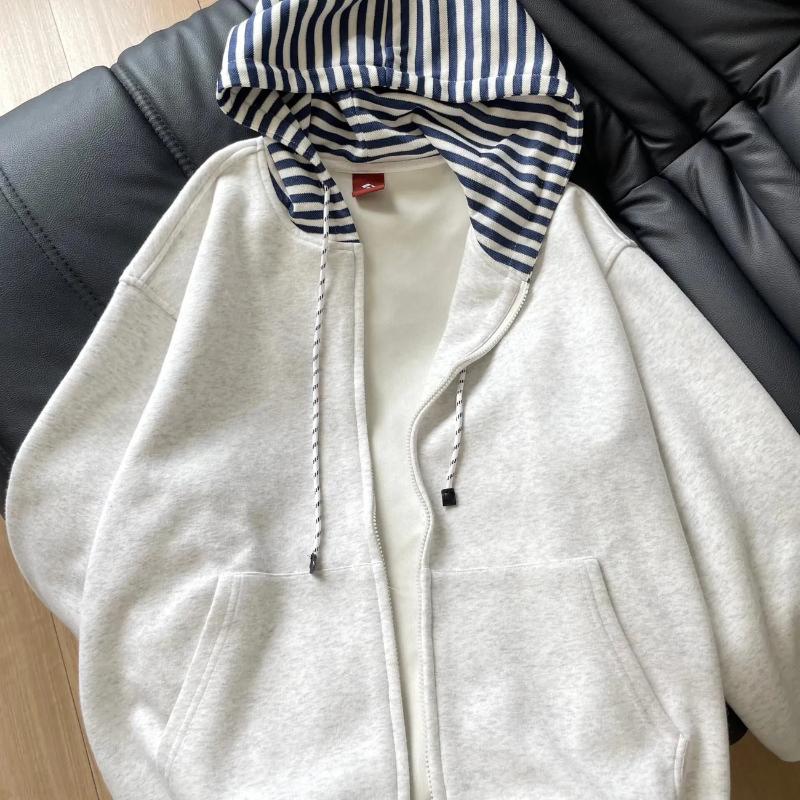 

Ретро Сращенный Полосатый Худи для Женщин Свободный Универсальный Кардиган на Молнии Ленивое Пальто Трендовый S серый