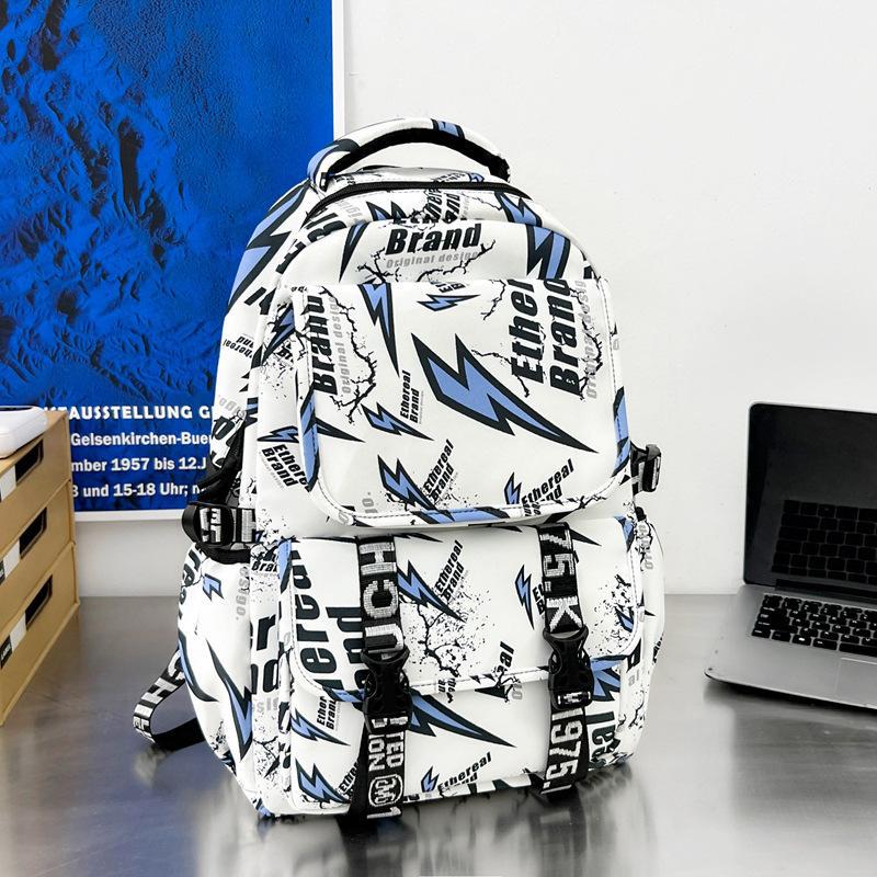 Schoolbag Japanese ins Street Lightning Personality Graffiti Backpack Trendy Cool Handsome Teen Boys Strong Durable Backpack