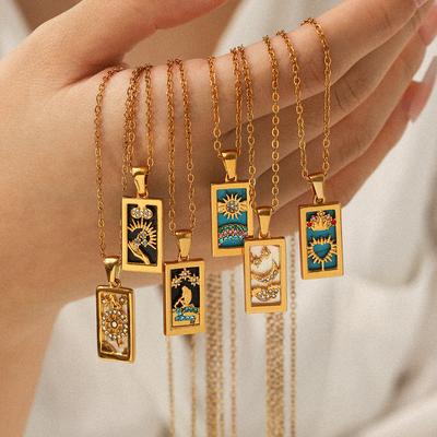 Fashion Pendant Necklace 18K Gold Stainless Steel Diamond Inlaid Tarot Card Necklace Accessories for Women