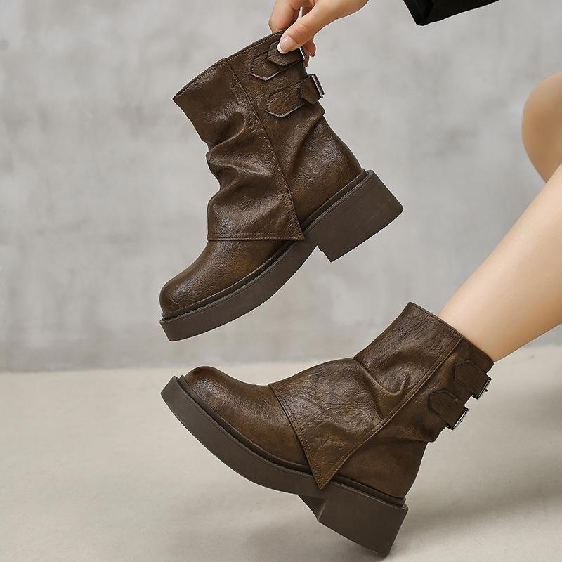 Brown thick-soled big tube circumference short boots women's new spring and autumn trouser tube boots Martin boots medium tube