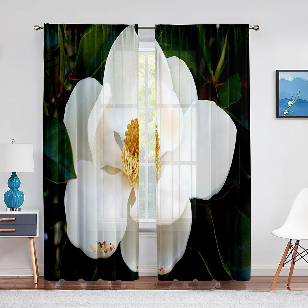 Weißer transparenter Vorhang mit Magnolienblumenmuster für Wohnzimmer, Küche, Fenster, Schlafzimmer, Dekoration, Blumen-Voile, zum Aufhängen, eleganter Tüllvorhang