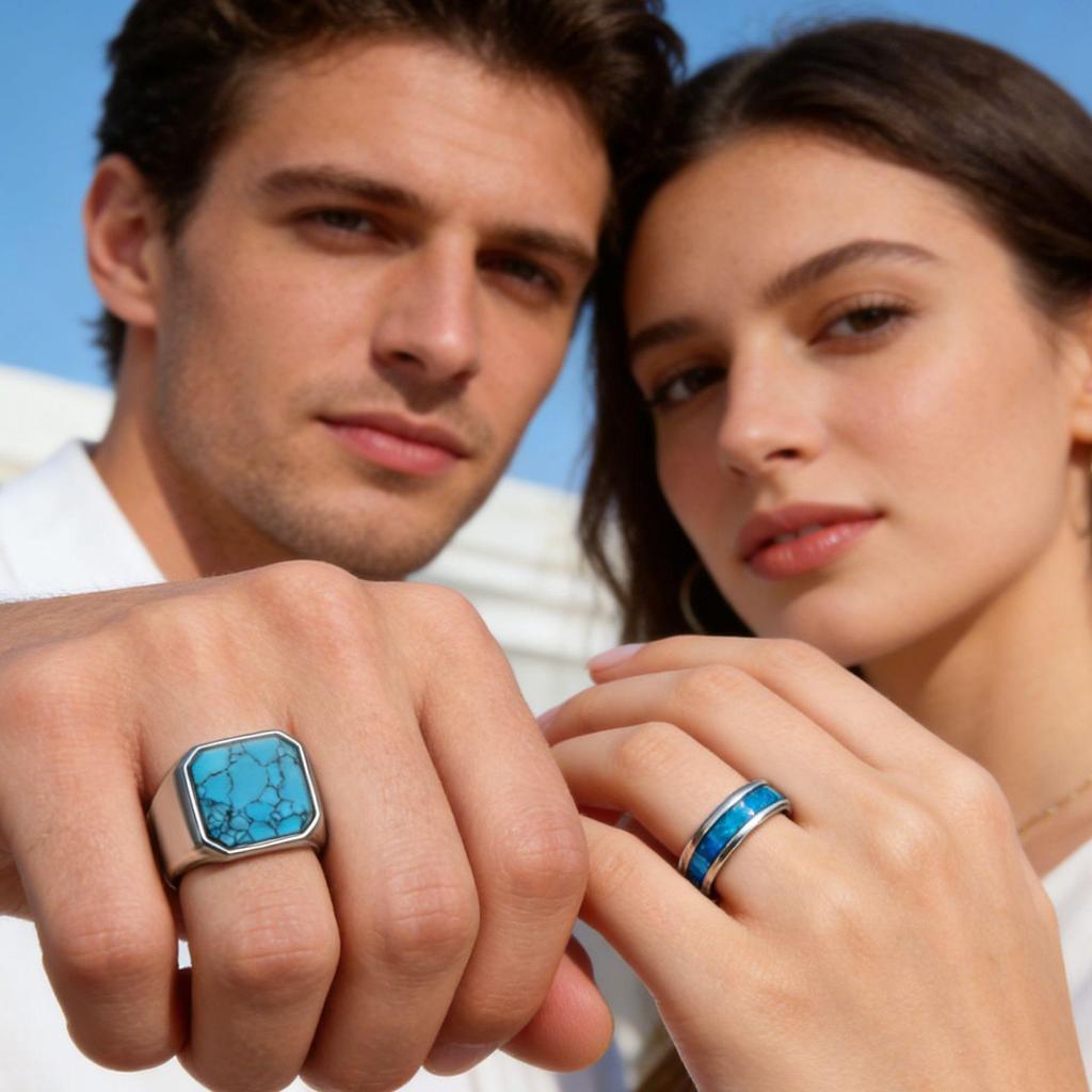 Cross-Border Stainless Steel Couple Wedding Rings with Turquoise, Opal & Seal Designs