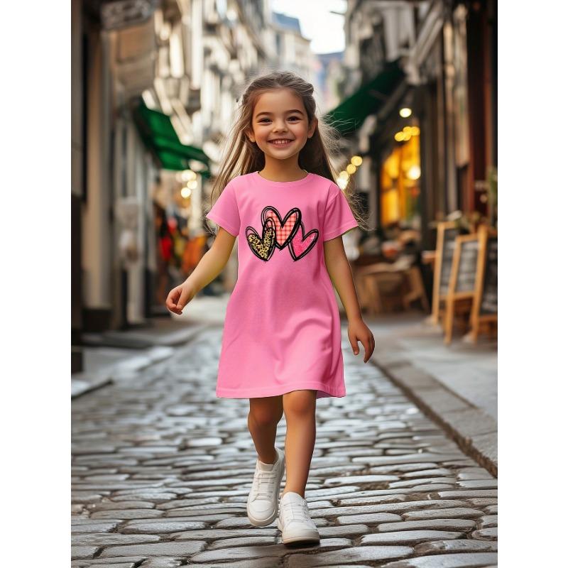 Creative Love Pattern Printed Casual Dress for Summer Clothing for Preschool Girls,