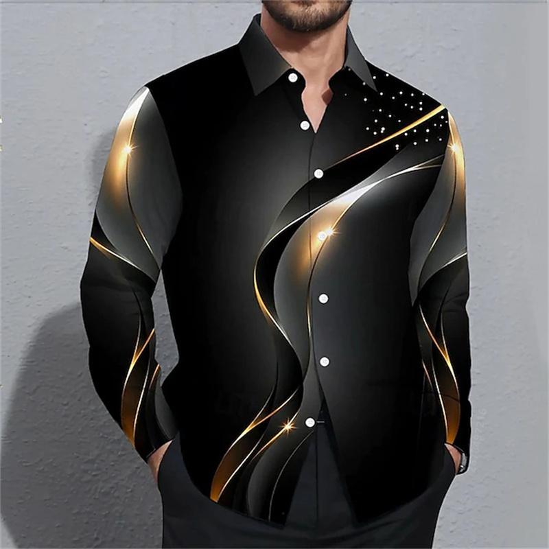 Men's long-sleeved shirt, stylish geometric print shirt, business casual slim-fit long-sleeved collared shirt for men.