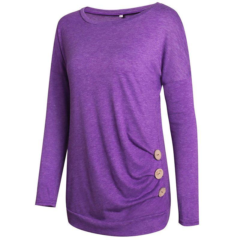 Fashion Women Long Sleeve Casual Blouse Stylish Tunic With Brown Button Accents