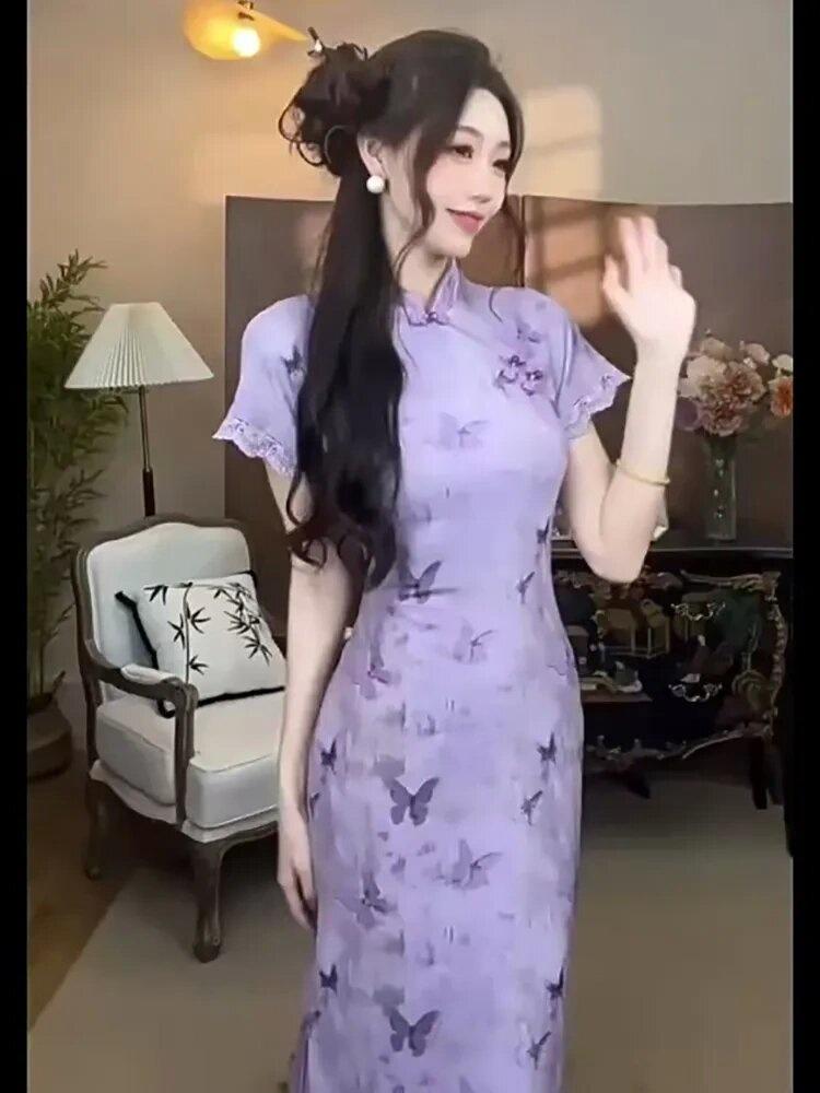 National style purple butterfly print lace splicing cheongsam dress women's summer new gentle wind temperament long skirt