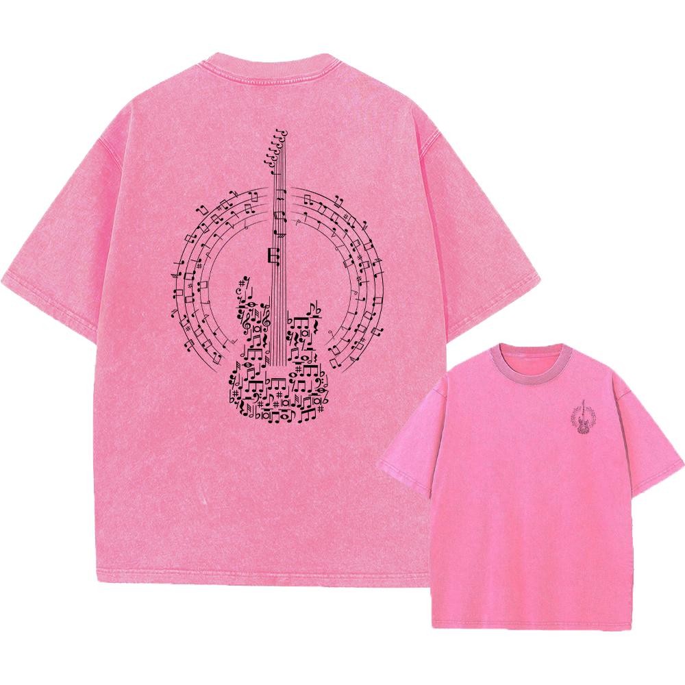 Mens Fun Guitar Print Washed T Shirt Comfortable And Breathable Summer Street Style Fitness Training Pure Cotton Short Sleeve