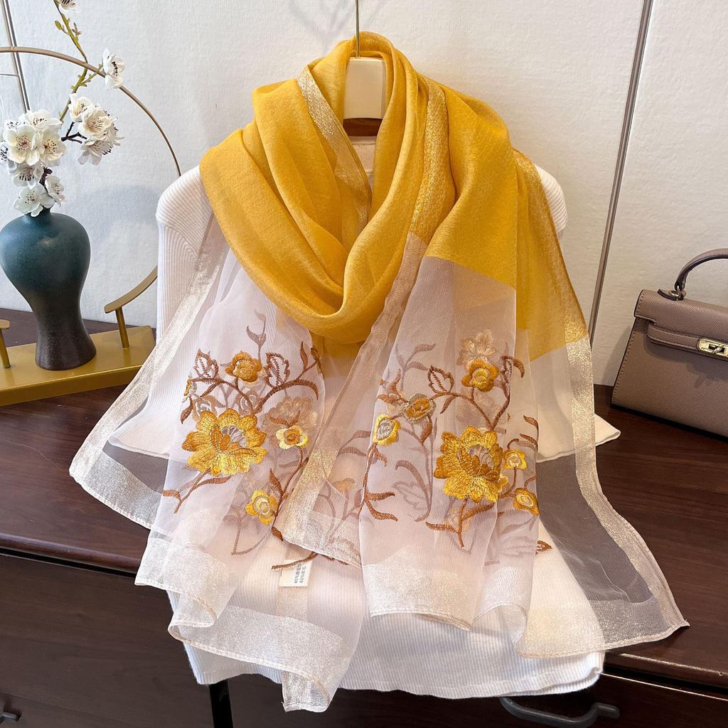 Imitation Silk Embroidered Long Silk Scarf for Women's Fashionable and Fashionable Mulberry Silk Sunscreen Scarf