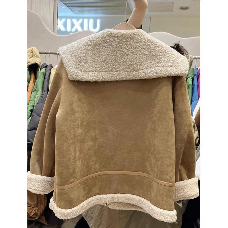 Große Revers Biker Jacke Frauen Lamm Haar Mantel 2023 Winter Gepolsterte Lose Fell Ein Wildleder Top Flut