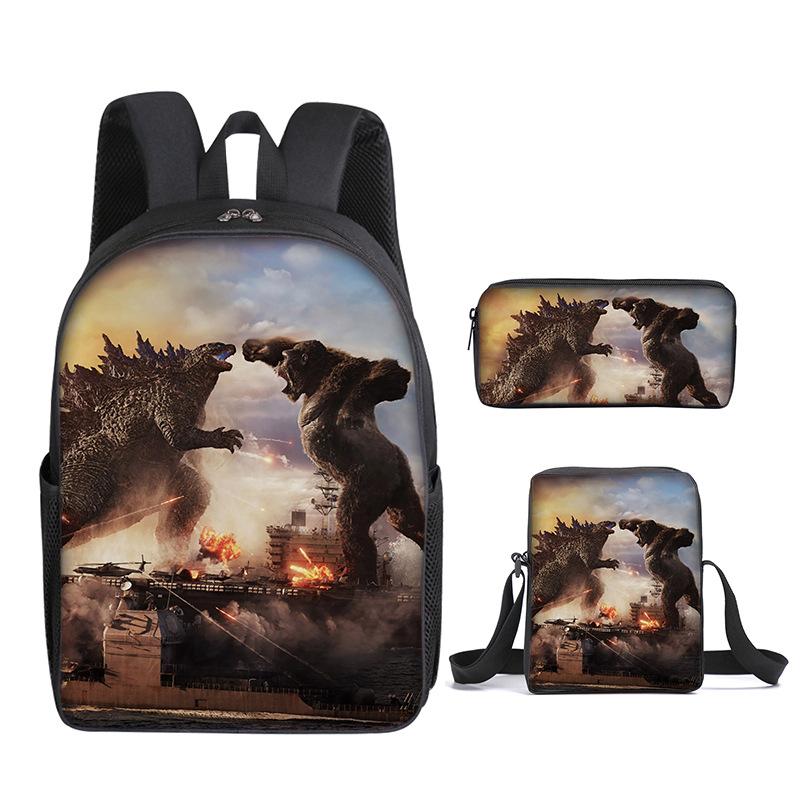 2021 Godzilla Wars King Kong School Bag Three-Piece Combination Set Primary And Secondary School Students Printed Backpack Cartoon School Bag