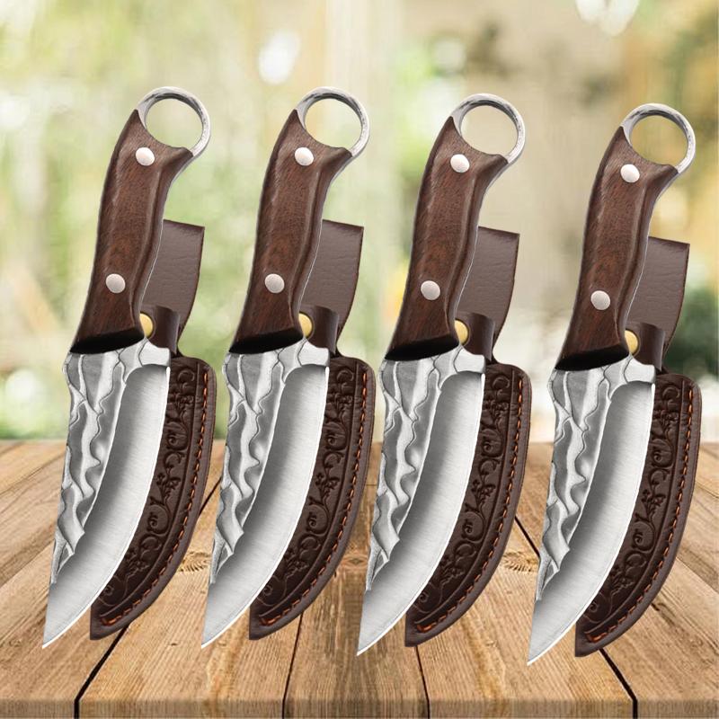 Multifunctional Kitchen Knife Handmade Forged Boning Knife Meat Cutting Fruit Knives Wooden Handle Stainless Steel BBQ Knife