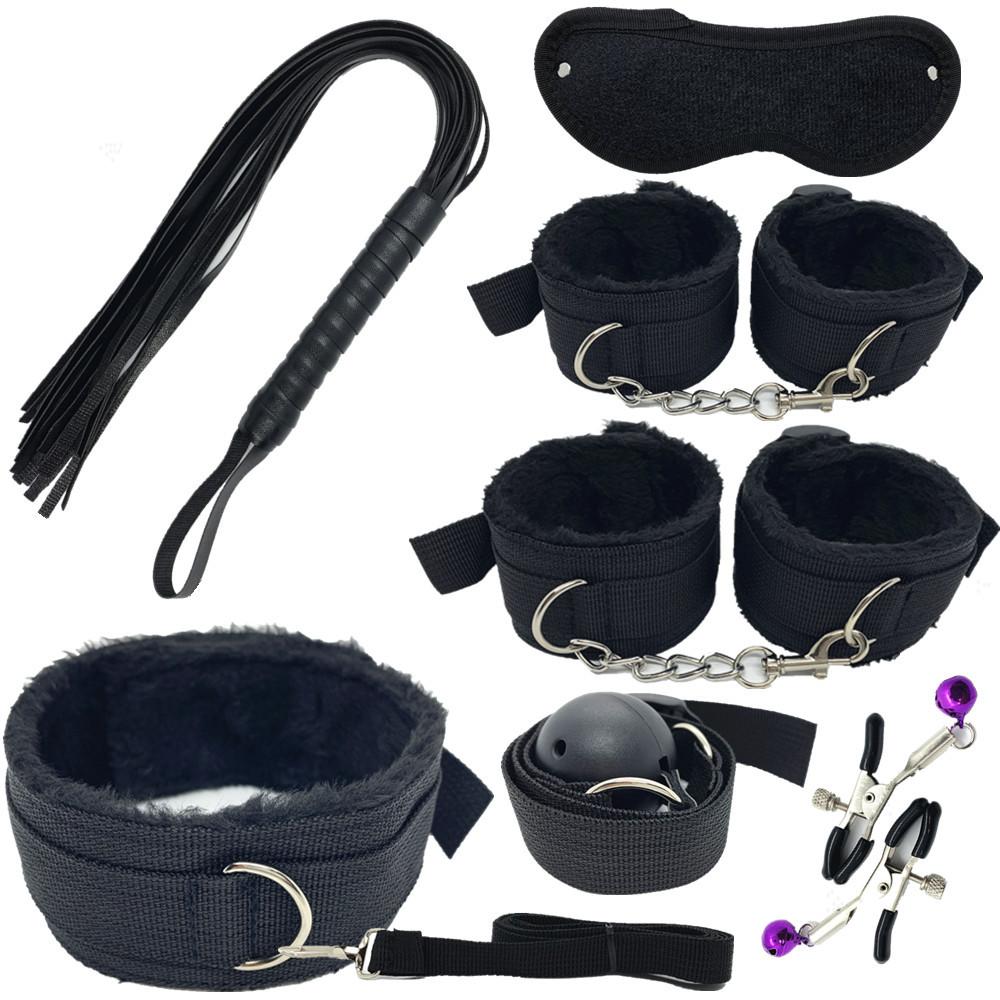 Sexy Nylon BDSM Kit Plush Sex Bondage Set Handcuffs Sex Game Whip Gag Nipple Clip Sex Toy