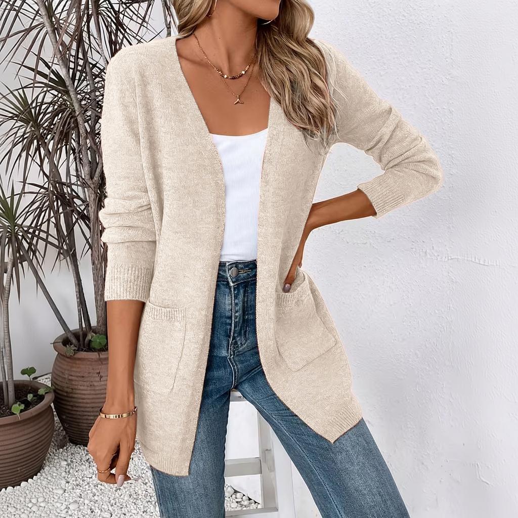 Women's Loose Fit Color Knit Cardigan with Pockets - Mid-Length Sweater for Daily Wear