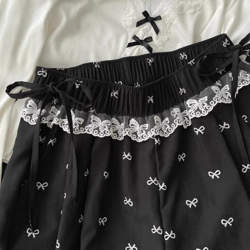 Bow lace wide-leg pants women's summer thin new high waist drape straight small printed Yamamoto pants