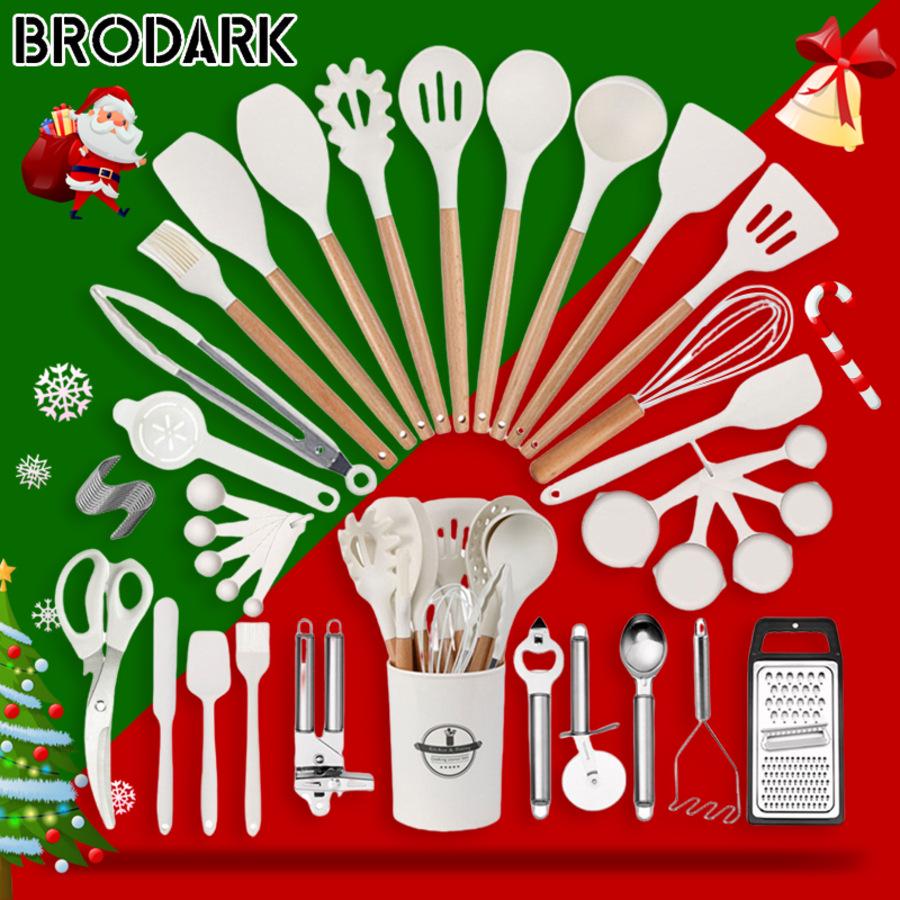 44-Piece Silicone & Wood Handle Kitchenware Set - Non-stick Cooking Spatula, Soup Ladle, and Tableware Tools