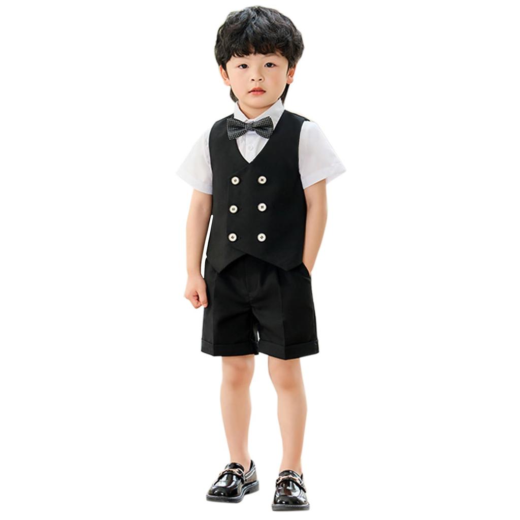 LOLANTA Boys' Formal Short Sleeve Summer Suit, 4-Piece Set, Includes Short Sleeve Dress Shirt, Shorts, Vest, and Bow Tie, Perfect for Weddings, Recita