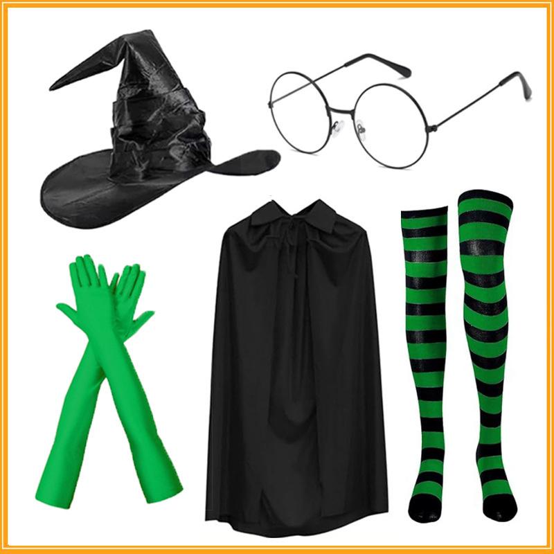 Halloween Green Witch Costume Set With Claw Gloves Striped Socks Wizard Hat Cloak And Round Glasses For Party Cosplay