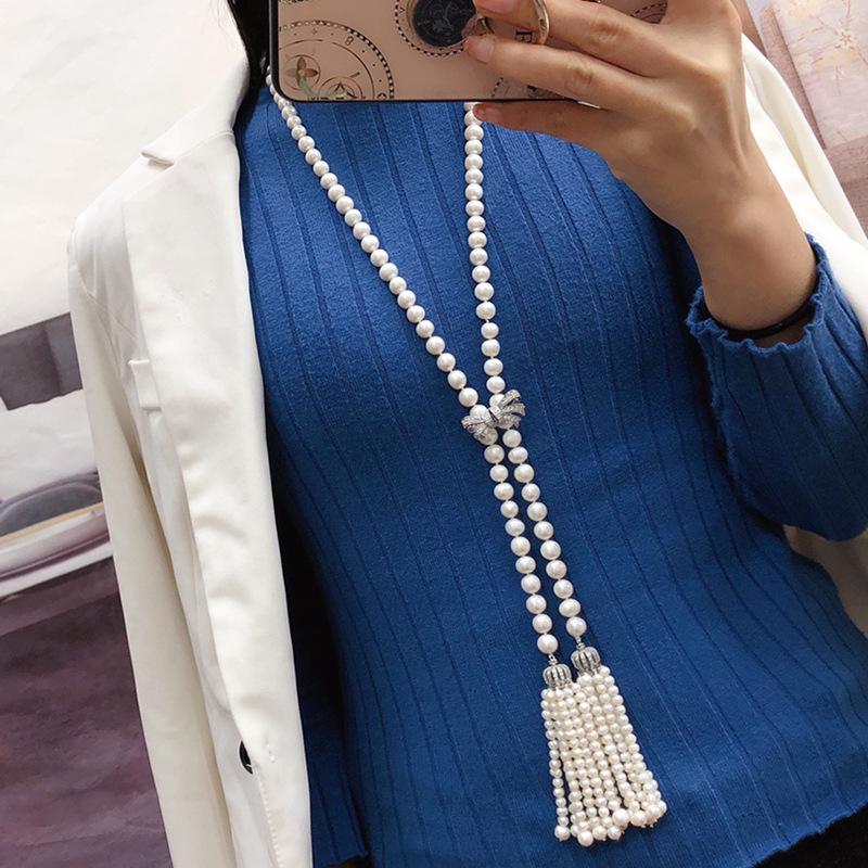 Elegant Light Luxury Natural Pearl Tassel Necklace for Women - Versatile White Sweater Chain, Autumn/Winter New Arrival
