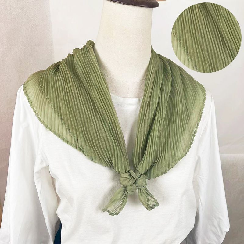 Women's Pleated Solid Color Small Square Scarf | Purple Neck-Protecting Silk Scarf Professional Spring-Autumn Scarf Decorative Neck Wrap for Ladies