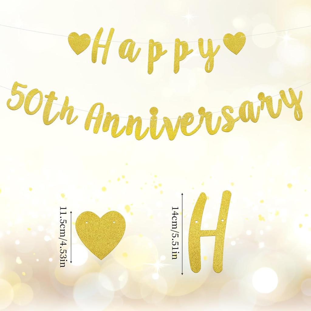 2pcs Happy 50th Anniversary Banner, Pre-Strung Glitter Gold 50th Wedding Anniversary Banner 50 Year Loved Party Favor & Decor Decorations