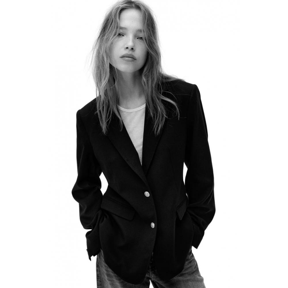 

H M Single Breasted Twill Jacket Navy Blue