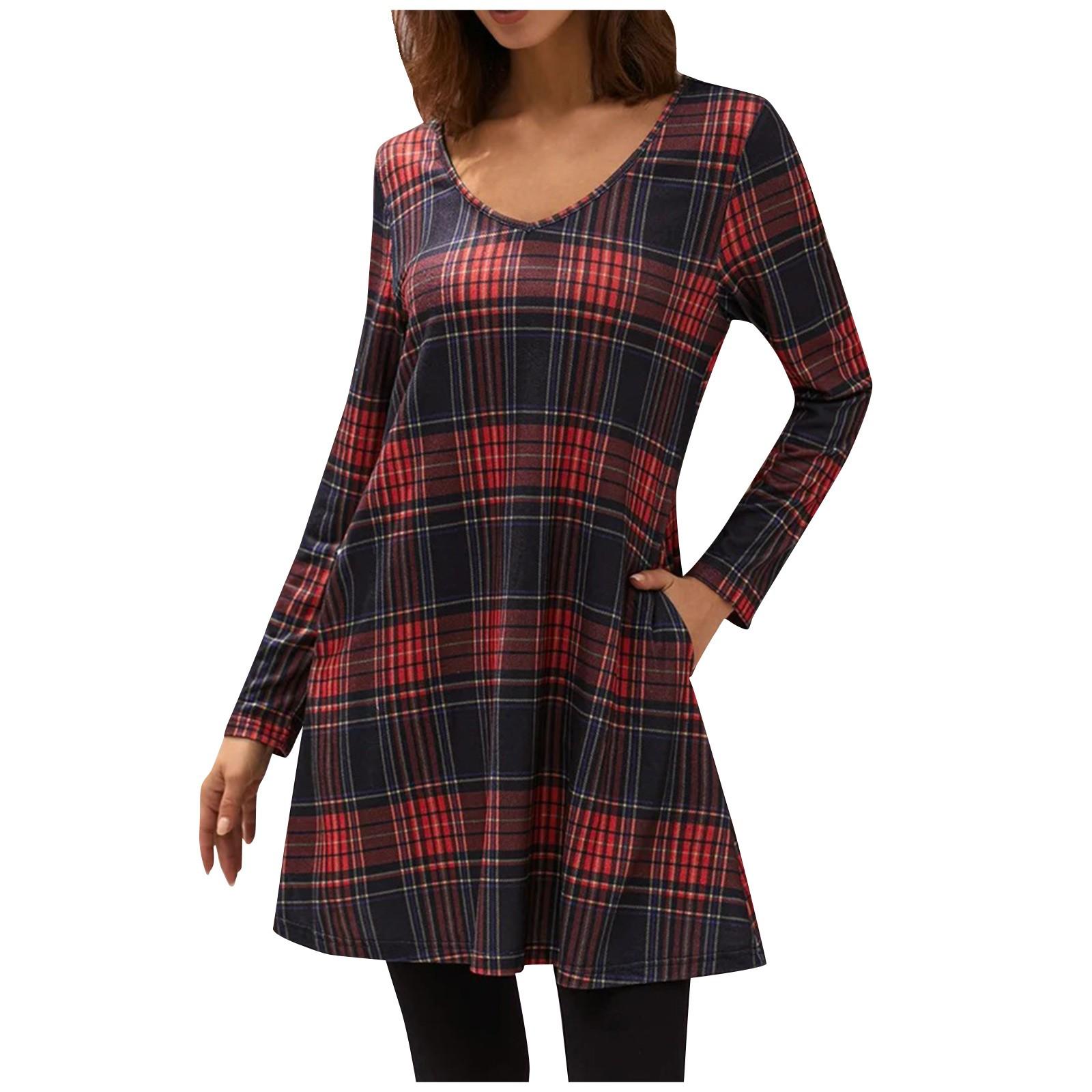 

Новый женский топ с V-образным вырезом, обычными рукавами, клетчатым принтом, карманом и длинными рукавами XL красный