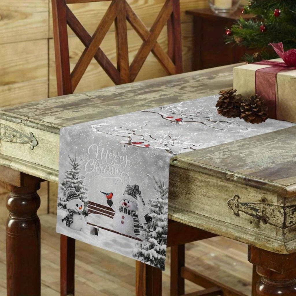 1pc Grey Marry Christmas Table Runner Snowman Printed Dustproof Durable Tablecloth for Xmas New Year Dinning Table Decoration