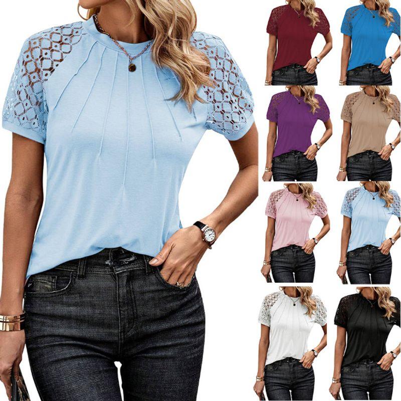 

2025 Solid Color T-shirt Round Neck Lace Splicing Top Purple L