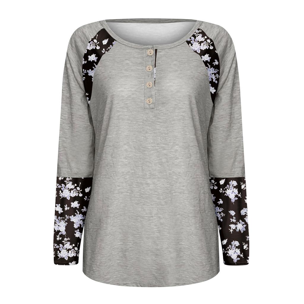 Women's Casual Floral Print V-Neck Short Sleeve Decorative Button T-Shirt Top