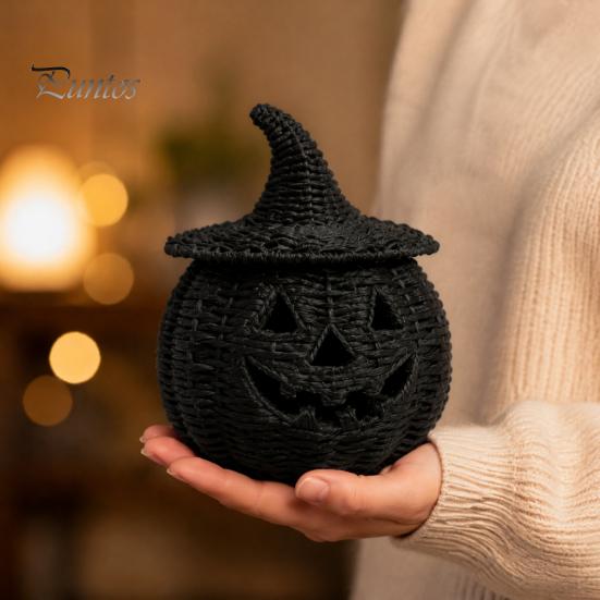 Decoraciones Espeluznantes para Repisa Halloween Cesta de Calabaza de Resina, Linterna Falsa Tejida Adorno, Acentos para el Hogar para Bote de Dulces Negro Decoración de Mesa Regalo de Inauguración