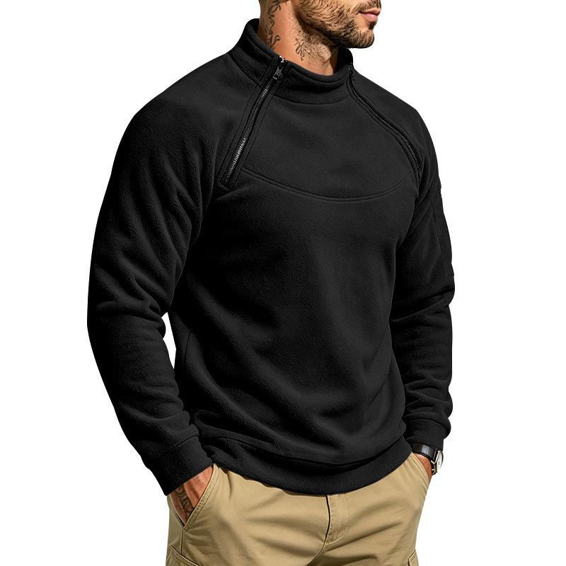 Men's Warm Polar Fleece Stand Collar Sweatshirt Asymmetric Half Zip Long Sleeve Pullover Top with Arm Pocket Outdoor Casual Shirt