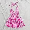 Summer Women's Fashionable Vacation Retro Blue and White Rose Printed Ruffled Dress