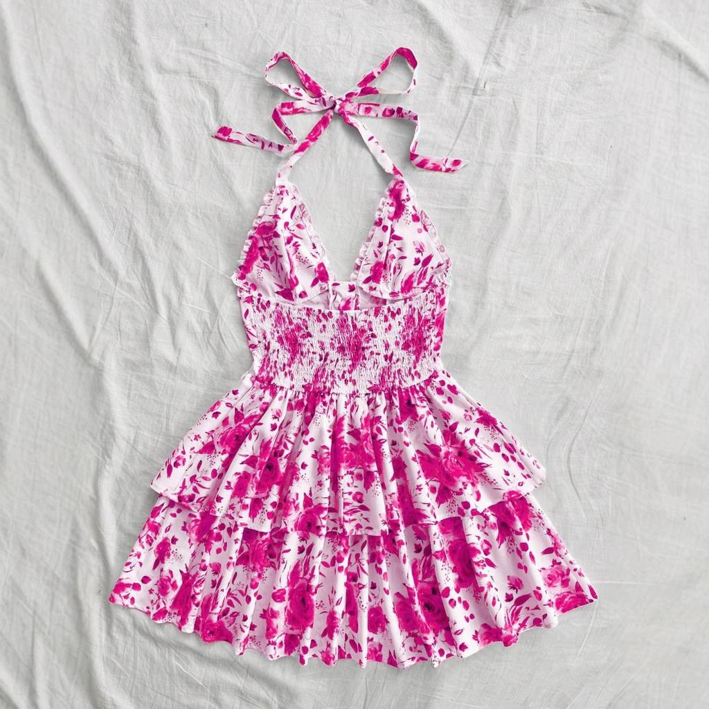 Summer Women's Fashionable Vacation Retro Blue and White Rose Printed Ruffled Dress