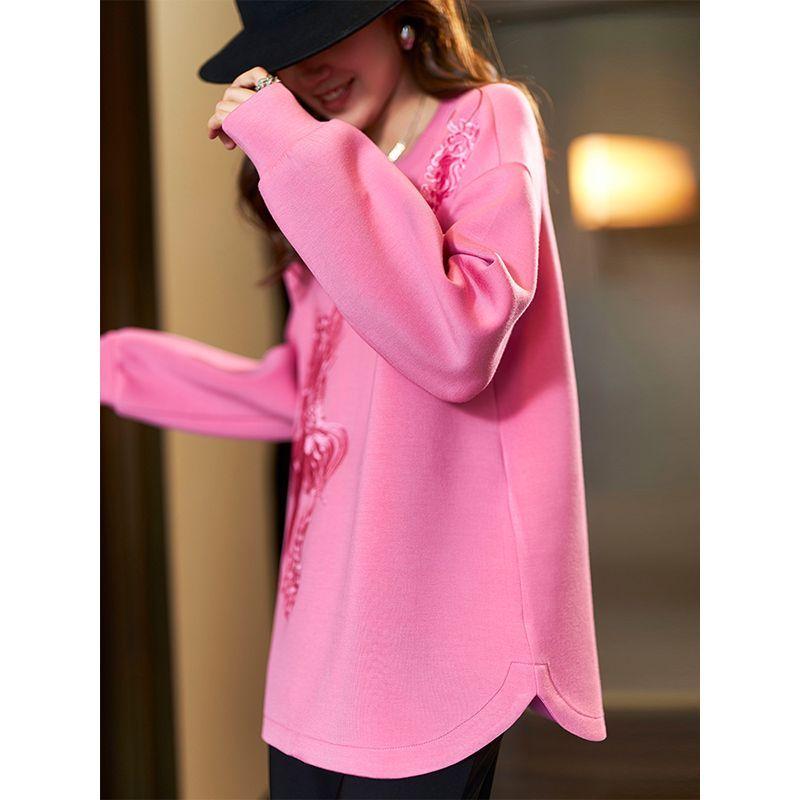 Retro Embroidered Round Neck Hoodie for Women In Spring and Autumn Large Size New Chinese Style Fashionable Loose and Slim Top