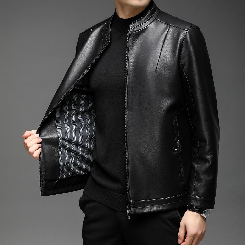 Men's Stand Collar Leather Jacket Autumn and Winter New Velvet Men's Leather Jacket PU Middle-aged Leather Jacket Men's Clothing