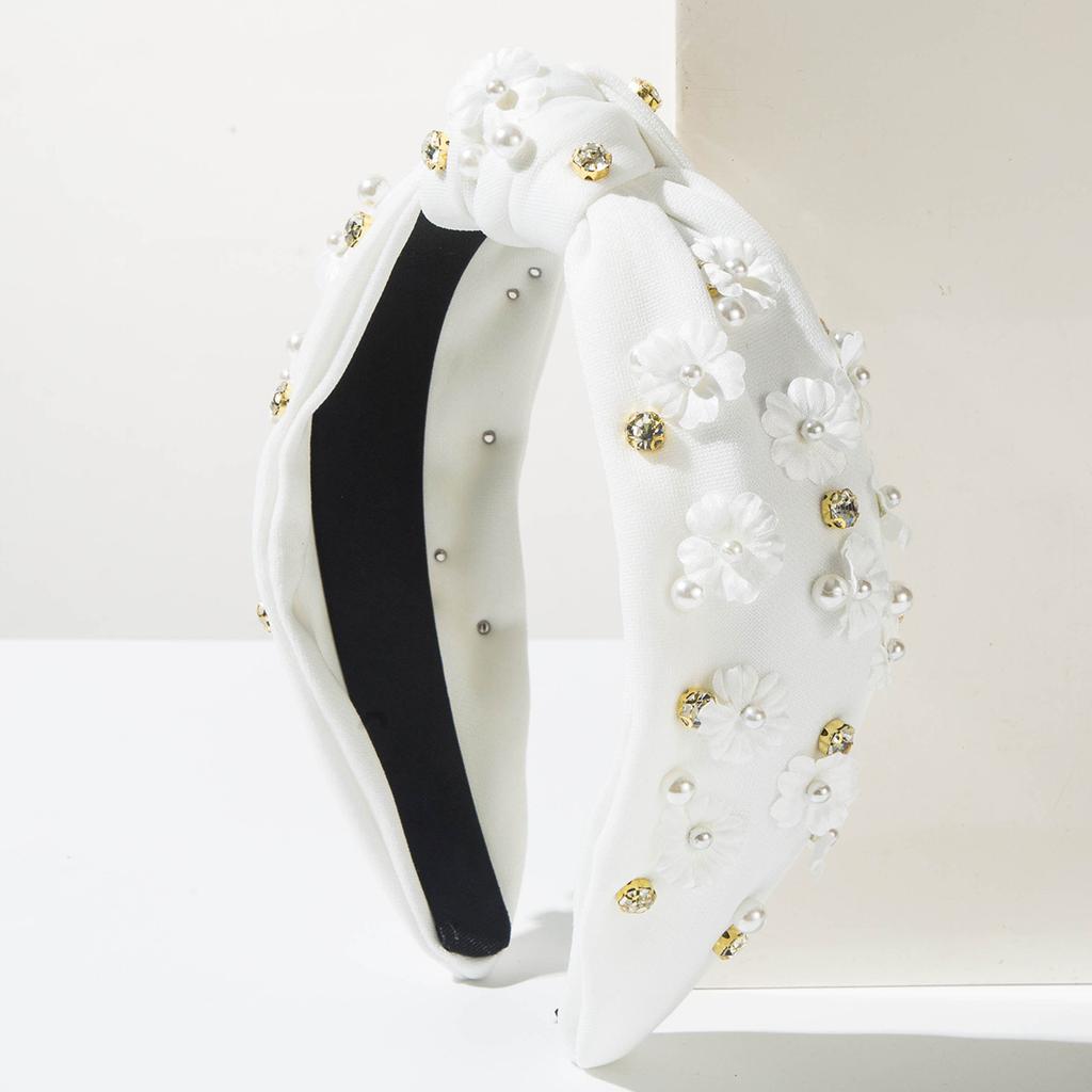 Stylish Solid Color Rhinestone Pearl Flower Wide-brimmed Knotted Headband for Women, Fresh, Sweet and Versatile Outerwear Accessory.