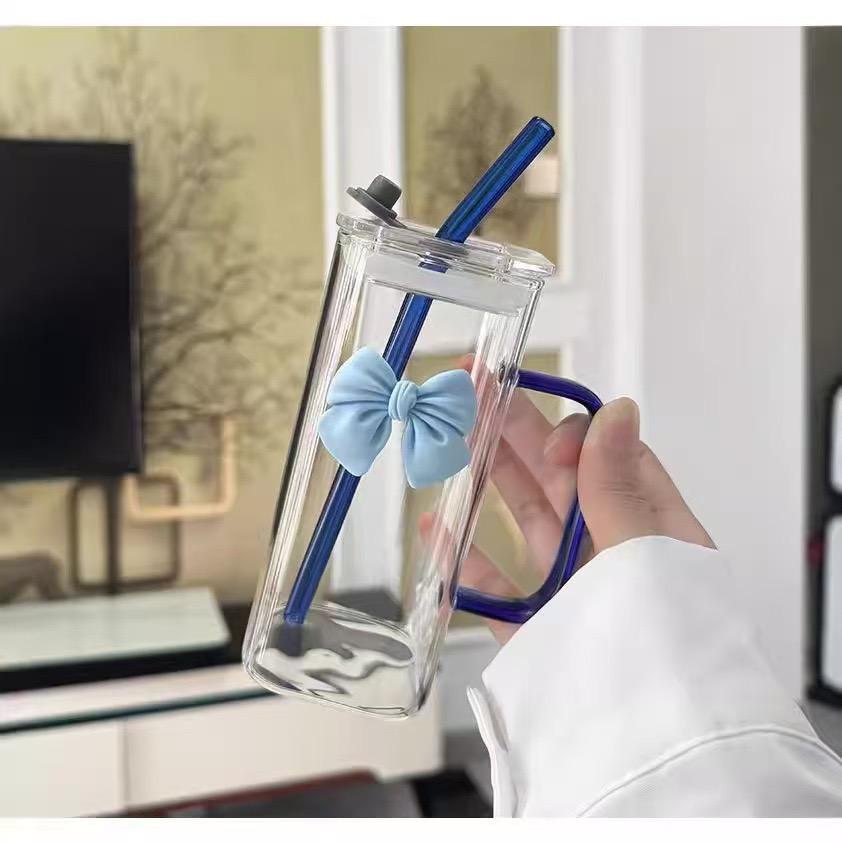 400mL Elegant Butterfly-Decorated Glass Tumbler with Straw & Handle - Reusable Freezer-Safe Water Cup for Coffee Juice Milk