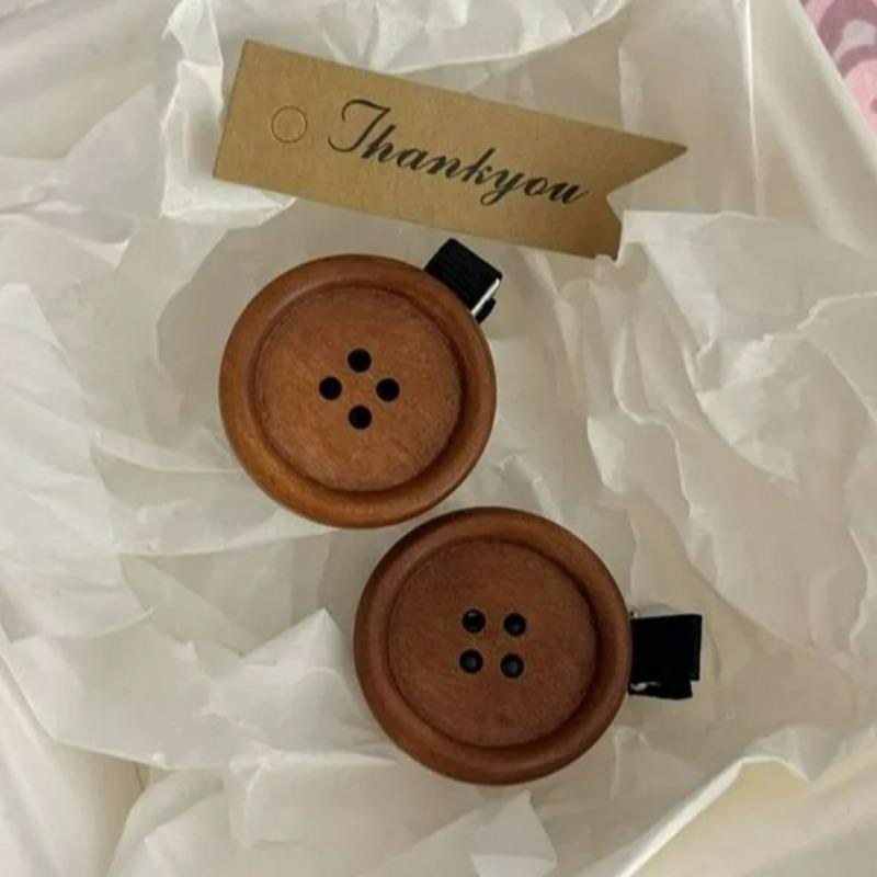 2 Stück Retro Braun Süßer Knopf Haarspange Holz Ins Stil Süß Seitenclip Haarschmuck Kinder Kopfschmuck Geschenk Damen Mädchen