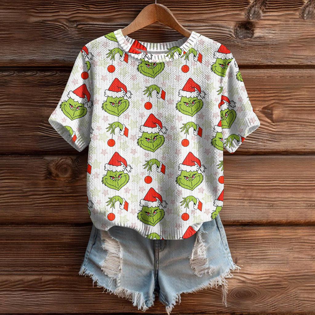 Women's Cute Sweater Knitted Fashion Casual Round-neck Short-sleeved  Cozy Print Top