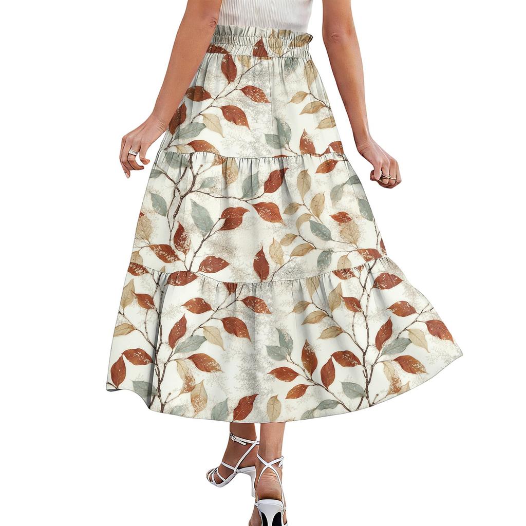 Womens Maxi Skirt Drawstring High Waisted Summer Long Skirts Lightweight Tiered Flowy Floral Pleated Skirts