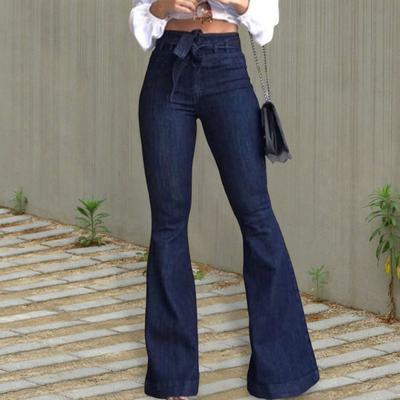 Calça jeans boca de sino feminina, cintura alta, elástica, boca de sino, casual, perna larga, corte bootcut