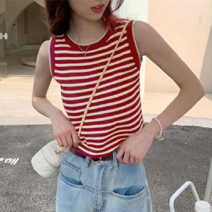 Striped knitted vest suspender women's summer new design sense outer wear wide inner sleeveless student top women