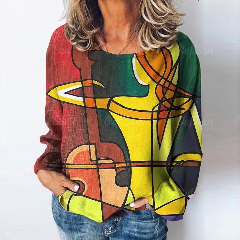 Abstract Art Pattern Print Women's T-Shirt Long Sleeve Autumn O Neck Lady Clothes Tops Oversized Harajuku Streetwear Female Tees
