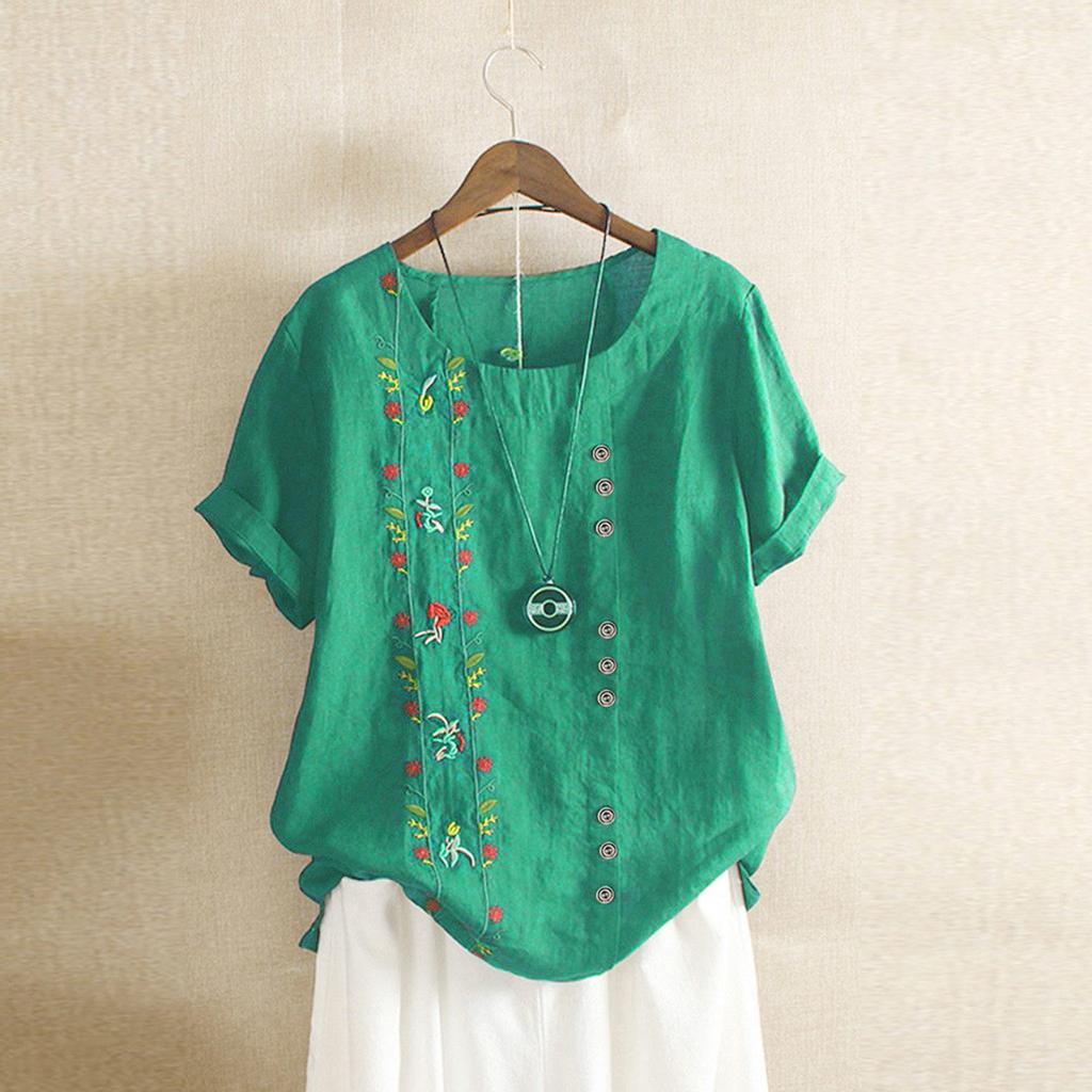 Women Bohemian Summer Floral Embroidered Shirt Short Sleeves Top Blouse
