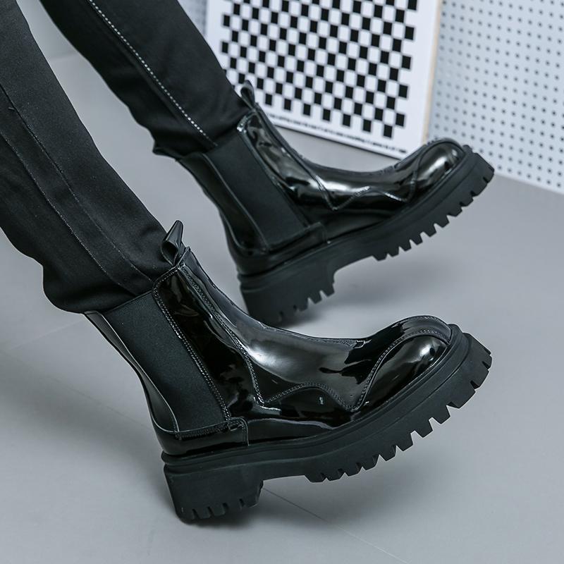 Men’s Chelsea Thick Sole Platform Punk Green Leather Boots Elevator Street Style Big Head Motorcycle Boots High Boots Plus Size